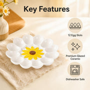 YU&CH Deviled Egg Plate, 12 Slots, White Sunflower