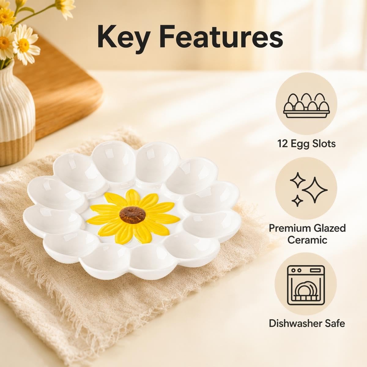 YU&CH Deviled Egg Plate, 12 Slots, White Sunflower