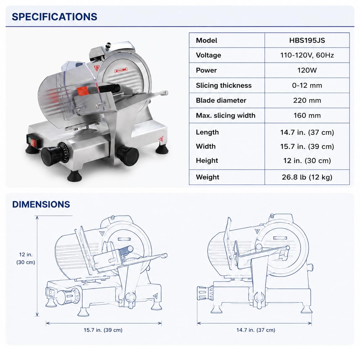 Commercial Meat Slicer by Eurodib – Aluminum, Silver, Model HBS-195JS