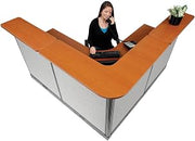 Global Industrial 80"W x 80"D x 46"H L-Shaped Electric Reception Station, Cherry Counter/Gray Panel