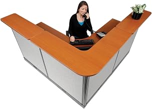 Global Industrial 80"W x 80"D x 46"H L-Shaped Electric Reception Station, Cherry Counter/Gray Panel