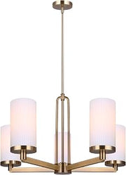 Canarm Kinslea 5-Light Rod Chandelier, Gold Finish with Flat Opal Ribbed Glass Shades, Mid-Century Modern Adjustable Pendant for Dining Room or Kitchen
