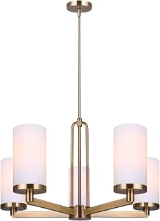 Canarm Kinslea 5-Light Rod Chandelier, Gold Finish with Flat Opal Ribbed Glass Shades, Mid-Century Modern Adjustable Pendant for Dining Room or Kitchen