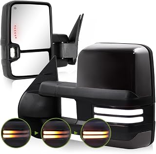 Switchback Towing Mirrors for 2007-2013 Chevy Silverado/GMC Sierra | Painted Black, Fits Avalanche Suburban Tahoe Yukon, Dynamic Signal & Running & Backup Light, Heated, Manual Extend, Pair