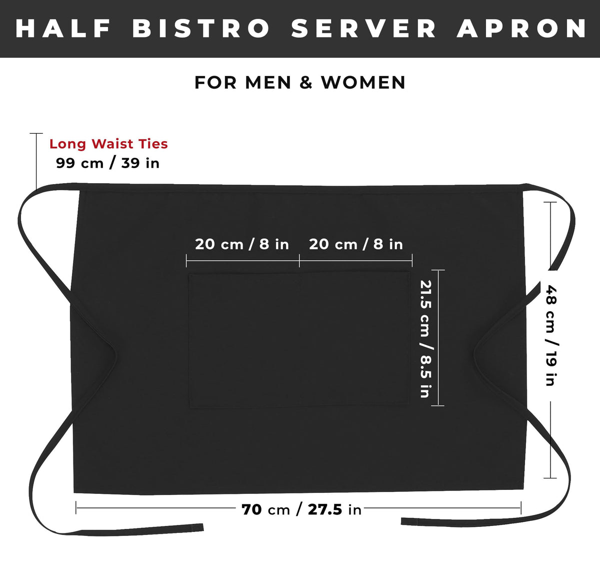 Unisex Half Bistro Server Apron by Chef Works – One Size, Polycotton, Black, 1 Pack, Model F28