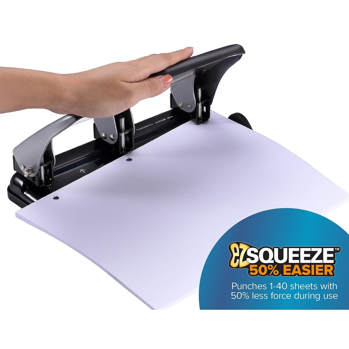 Office EZ Squeeze Heavy Duty 3-Hole Punch for Home Office & School by Bostitch – Original version(Pack of 1), Metal, Silver, Model HP40
