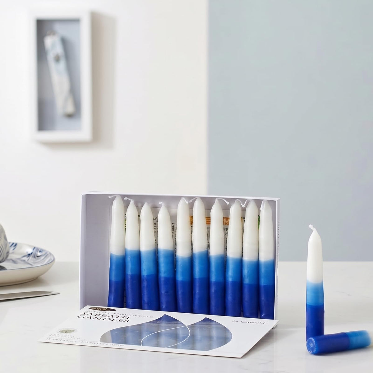 Rite Lite Shabbat Candles, Premium Hand Dipped Wax, Blue and White Tricolor 12 Pack