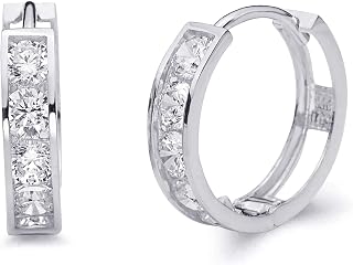 14k REAL Yellow OR White Gold 4mm Thickness CZ Channel Set Hoop Huggie Earrings (15 x 15 mm)