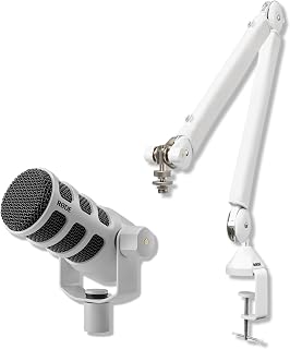 RODE PodMic Dynamic Podcasting Microphone (White) with RODE PSA1+ Professional Studio Arm (White) and XLR Cable