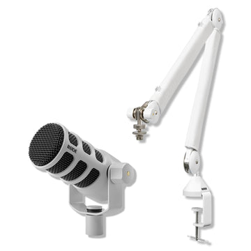 RODE PodMic Dynamic Podcasting Microphone (White) with RODE PSA1+ Professional Studio Arm (White) and XLR Cable by StreamEye – Metal, Model Pod Mic, GFW-0250