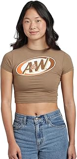 A&W Root Beer Logo Women's Brown Mineral Wash Crew Neck Short Sleeve Cropped Baby Tee