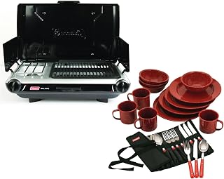 Coleman Camping Bundle – 24-Piece Enamel Dinnerware Set & 2-in-1 Tabletop Propane Grill/Stove, 2-Burner Portable Cooking System for Outdoor Camping, Tailgating, RVs & Picnics Variety Pack