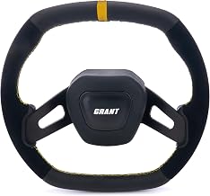 Grant Steering Wheel, Performance Series, 13.7 x 12.7 in Diameter, 1 in Dish, 2-Spoke, Black Leather/Suede Grip, Yellow Stripe, Aluminum, Black Anodized, Each