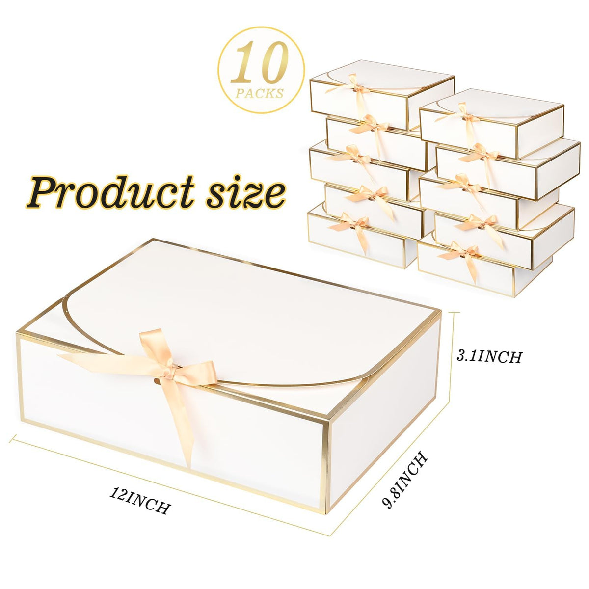 WLUSEAXI Gift Boxes with Lids, 10 Pack, White with Gold Accents