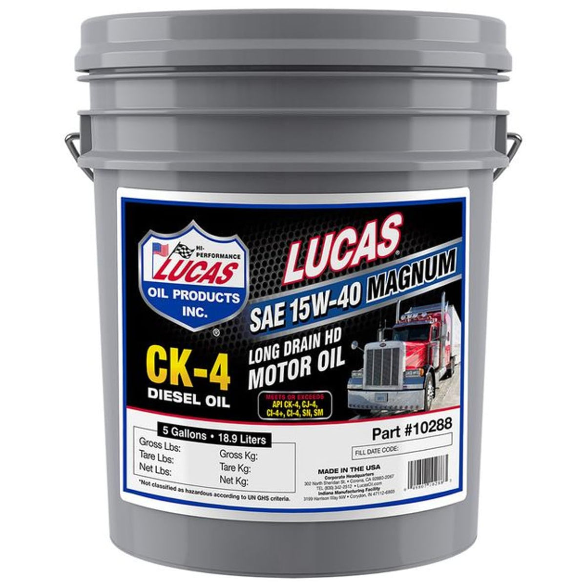 SAE 15W-40 CK-4 Motor Oil by Lucas Oil – 5 gallons, Blend, Model 10288