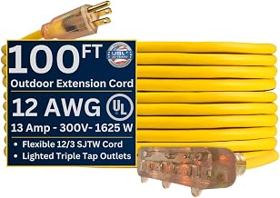 U.S. Wire 100 Ft. 12/3 SJTW-A Pow-R-Block Extension, Round, Yellow, 300V, Illuminated Plug