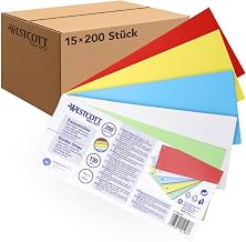 Westcott Divider Strips Pack of 200 Intensive Colours Mix (Pack of 15) | Robust Staple Strips 190 g/m² for A4 Folders | Dividers 10.5 x 24 cm | 2-Hole Punched Index for DIN A4 Documents | E-733321 00