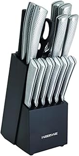Farberware 15-Piece Knife Block Set, High-Carbon Stainless Steel Kitchen Knife Set with Black Storage Block, Razor-Sharp Blades with Textured Handles, Includes Chef, Bread, Santoku and Steak Knives