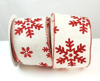 Reliant Ribbon Hopsack Snowflake Glitter Wired Edge Ribbon, 2-1/2 Inch X 10 Yards, White/red