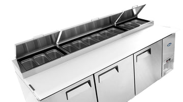 MPF8203 93" Pizza Prep Table Three Door Refrigerator 2 Year PARTS + LABOR / 5 Year Compressor WARRANTY by Atosa – 93", 26.0 cubic_feet, Model MPF8203GR