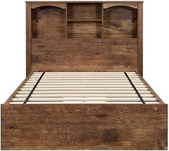 Furnifact Laminate Platform Bed with Bookcase Headboard, Twin Bed Frame with Storage for Twin Size Bedroom Set