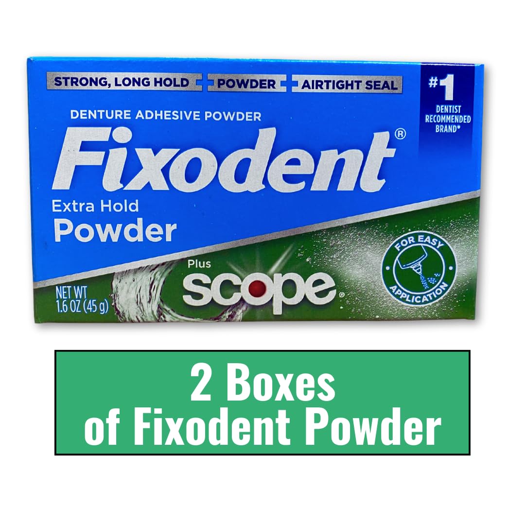 Extra Hold Denture Adhesive Powder Pack of 2 with 1 Denture Brush (3 Items) by Fixodent – Dentures, Partial Dentures, Green, Model FIXODENT1354