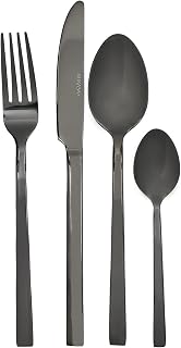 Mikasa Diseno Black Cutlery Set, Polished Stainless Steel, Knives, Forks, Spoons, Teaspoons, Dishwasher Safe, 16pc Set for 4