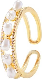 Adjustable Pearl Ring, Gold Plated Copper, Open Circle Design with Channel Set Pearls, Contemporary Wrap Style, Sizes 6-13, White Synthetic Pearls