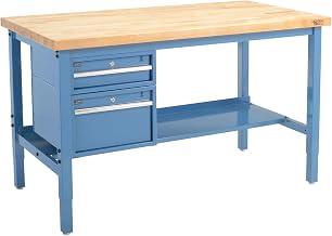 Global Industrial 72"W x 36"D Workbench, 1-3/4" Thick Birch Top Square Edge with Drawers & Shelf, Blue