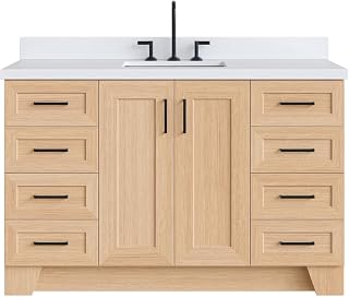 ARIEL Taylor 54-inch Bathroom Vanity with Sink,Solid Wood, 1.5-inch Pure White Quartz Countertop, Single Rectangular Porcelain Sink, Soft Closing Doors, Dovetail Drawers, Natural Oak