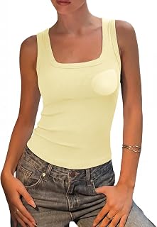 Womens Padded Cotton Ribbed Tank Tops Square Neck Basic Tops