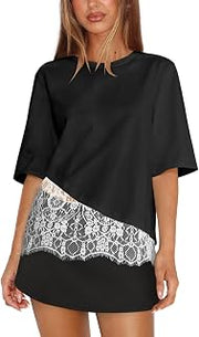 Womens Patchwork T Shirt with Lace Overlay Tops