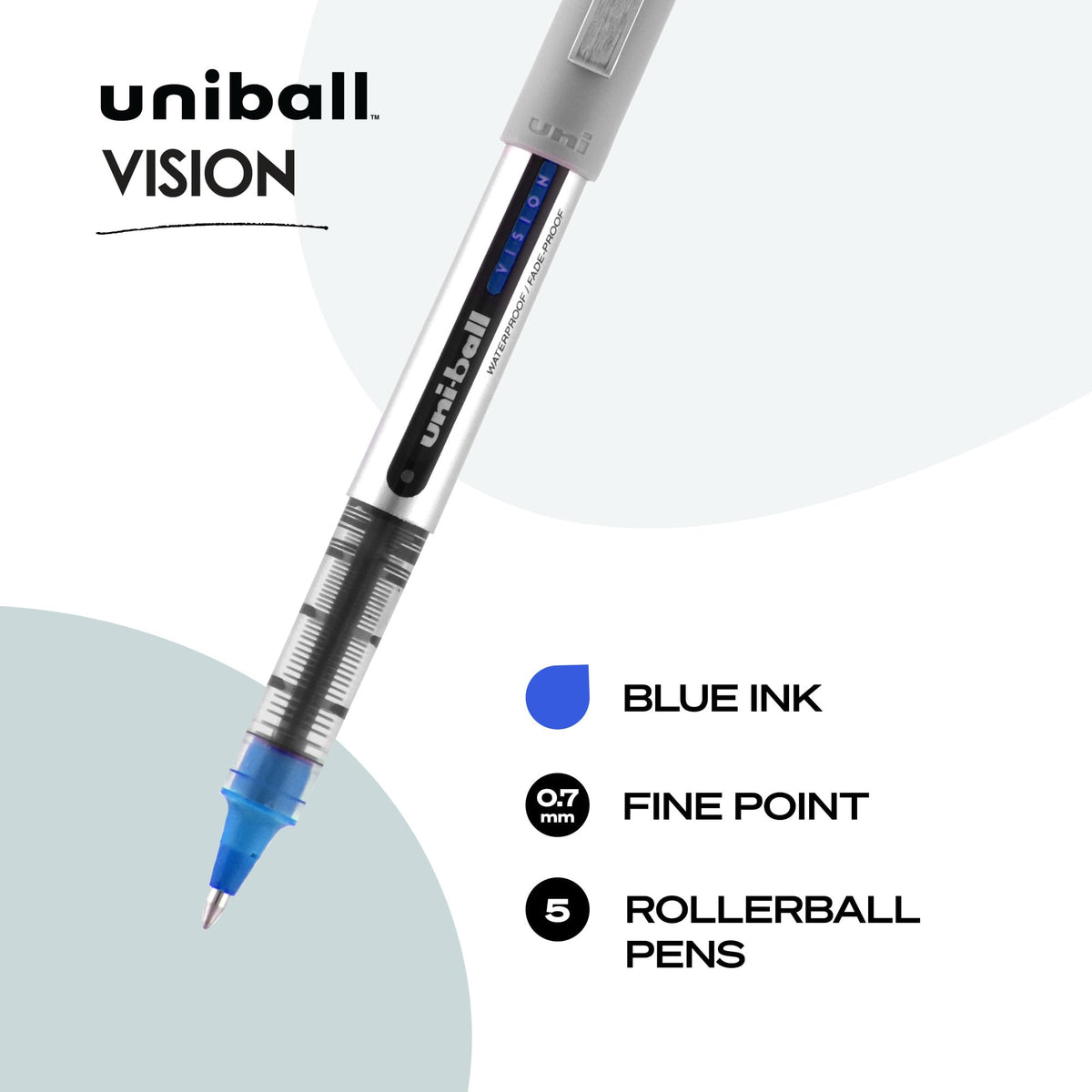 uniball Vision Rollerball Pens by Uni-Ball – 1 Count (Pack of 5), Plastic, Blue, Model 60355PP