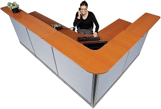 Global Industrial 116" W x 80" D x 46" H L-Shaped Reception Station with Raceway, Cherry Counter/Blue Panel