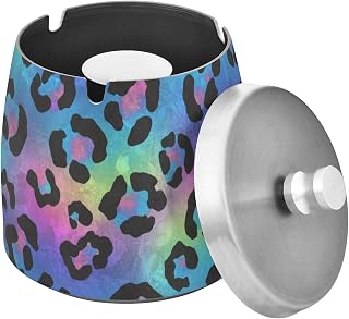 Leopard Print Purple Splash Ashtray with Lid, Outdoor Ashtrays for Patio