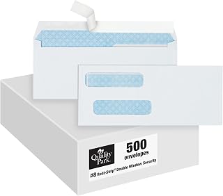 Quality Park #8 Double Window Envelopes, Self Seal Security Envelopes for QuickBooks Checks, 3 5/8" x 8 11/16", 24 lb White, 500 per Box (QUA50766)
