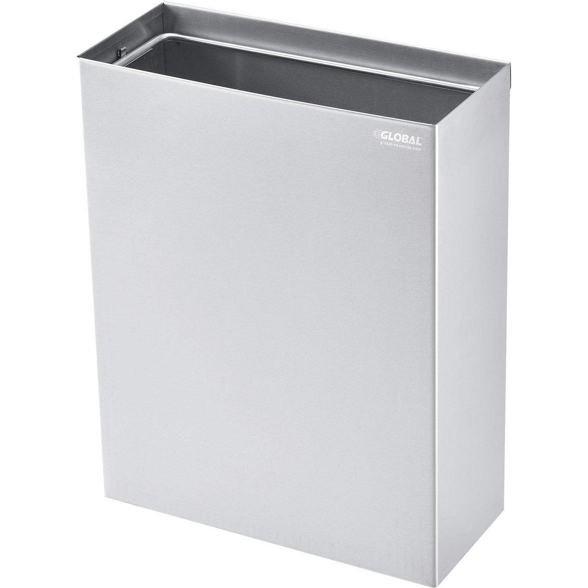 Indoor Wall Mount Trash Can by Global Industrial – 6"L x 14"W x 18"H, 6.4 gallons, Stainless Steel, Satin, Model 641437SS