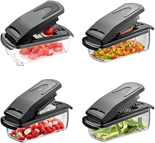 GEFU Treppo Dice Cutter and Vegetable Cutter with 1000 ml Container | 3 blade inserts for cubes, sticks and slices, extra sharp stainless steel blades, dishwasher safe, including lid