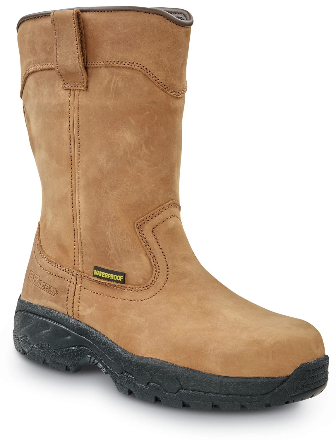 Mens Brown MaxTRAX Comp Toe WP SD SRO Wellington 9.0 M by SR Max – 9, Leather, Brown, Model Midland