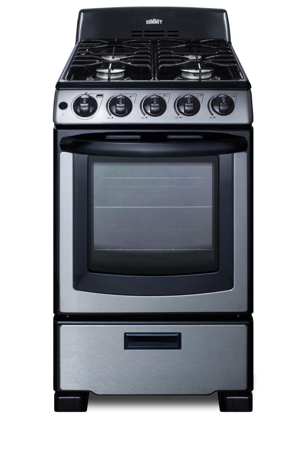 Summit 20" Gas Range by Summit Appliance – 2.3 cubic_feet, Stainless Steel, Black, Model PRO201SS