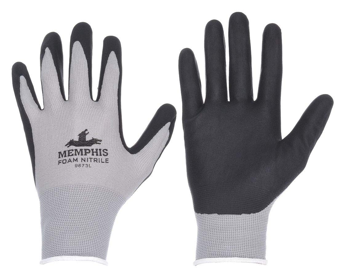 Memphis Foam Nitrile Gloves by MCR Safety – Large, 13 Gauge Nylon Knit, Black/Gray, Pack of 12, Model 9673L