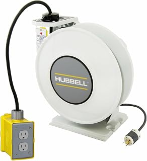 Hubbell HBLI45143GF15 - White Industrial Reel with Yellow Portable Outlet Box, GFCI Module and (1) 15A Duplex