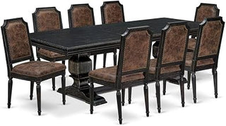 Furnifact Solid Wood Dining Table 9 Piece Set with High-Back Upholstered Chairs, Kitchen Table and Chairs for Dining Room, Brown Textured