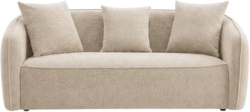 Furnifact Chenille-Upholstered Sofa with 3 Accent Pillows, Contemporary 3-Seater Couch for Living Room, Fabric Couches, Beige Chenille