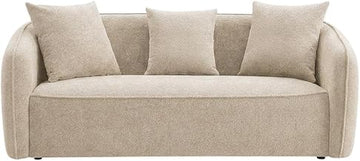 Furnifact Chenille-Upholstered Sofa with 3 Accent Pillows, Contemporary 3-Seater Couch for Living Room, Fabric Couches, Beige Chenille
