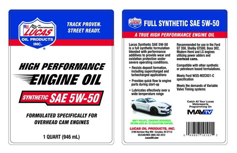10101 Synthetic SAE 5W-50 Motor Oil - 1 Quart (Pack of 6) by Lucas Oil – 1 Quart Bottle, Pack of 6, Model LUCA10101-6PK