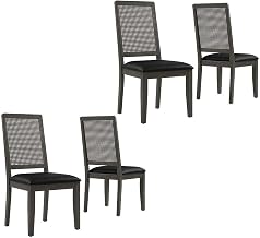 Furnifact Vegan Leather-Upholstered Faux Rattan Dining Side Chairs Set of 2, Upholstered Dining Chairs for Kitchen and Dining Room, Black Black