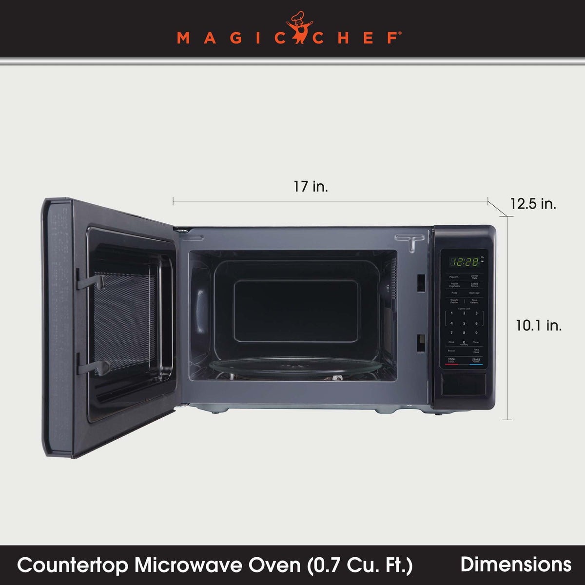 0.7 cu. ft. Countertop Microwave in Black - 700W (10.1"H x 17"W x 12.5"D) by Magic Chef – 0.7 cu. ft., 0.7 cubic_feet, Steel, Black, Model MC77MB