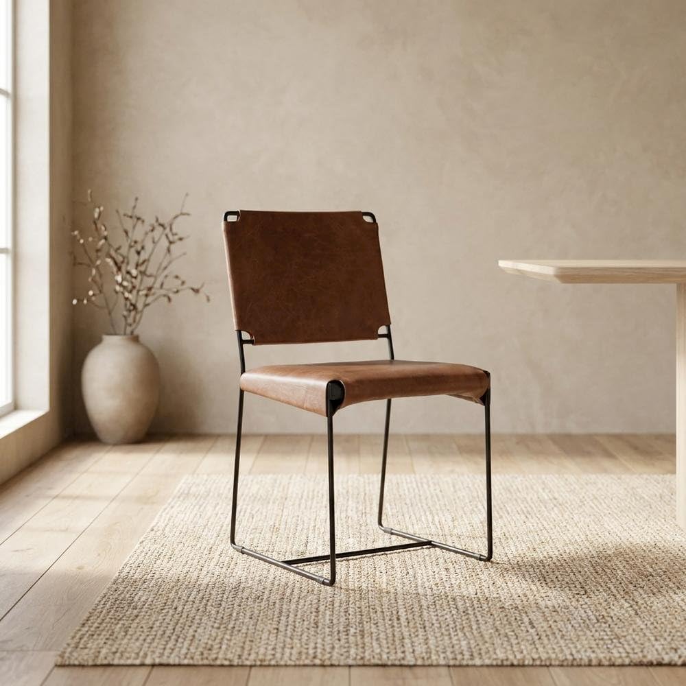 Top-Grain Leather Dining Chair with Reclaimed Iron Legs by Starlight Canyon Home – Leather, Tobacco Leather