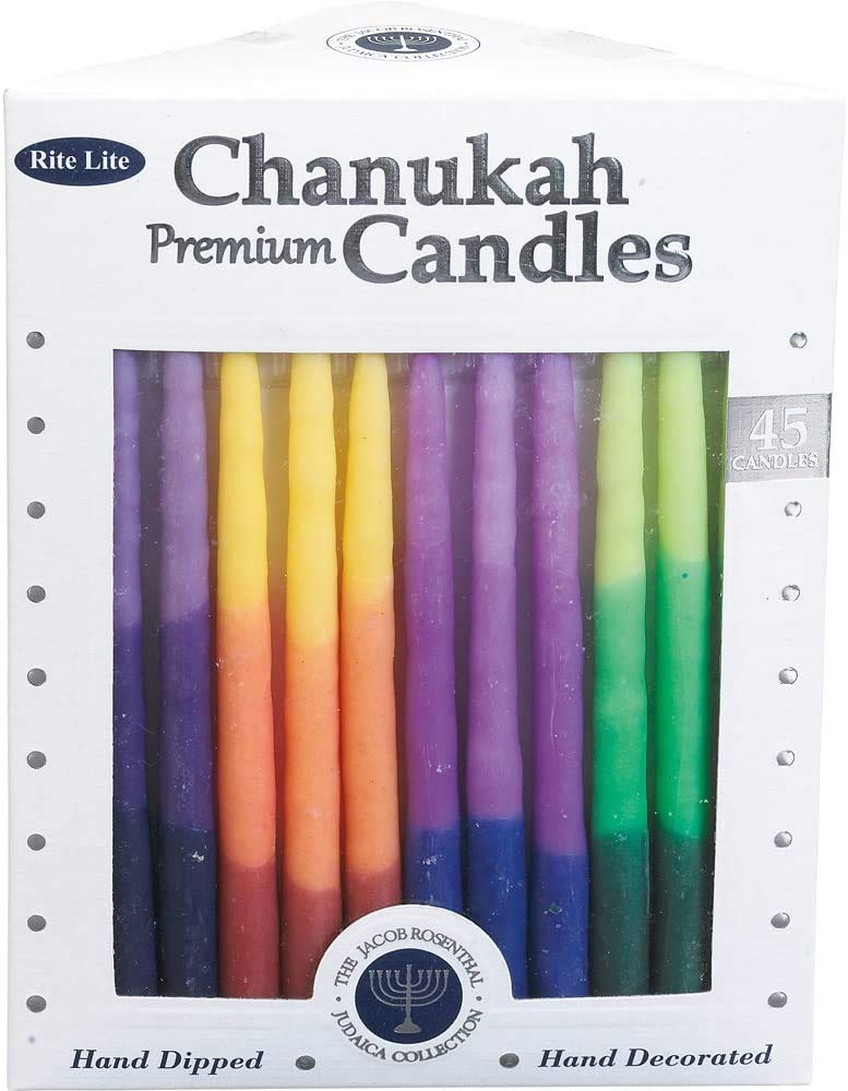 Rite Lite Chanukah Candles, Hand Dipped Rainbow, Box of 45